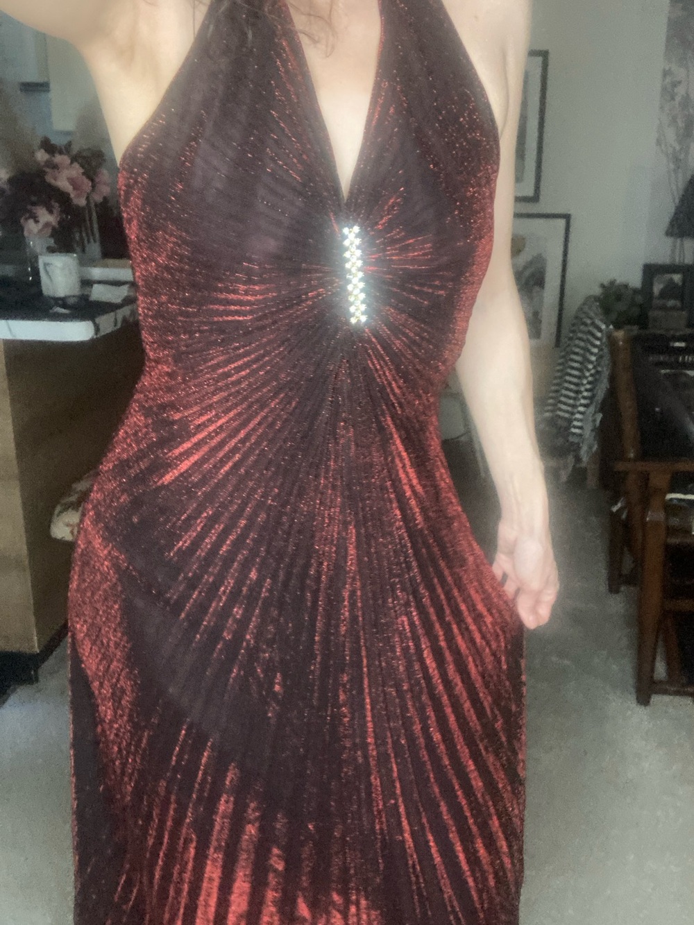 Vintage 1970’s Disco Studio 54 Pleated Red Lame Halter Dress rhinestone